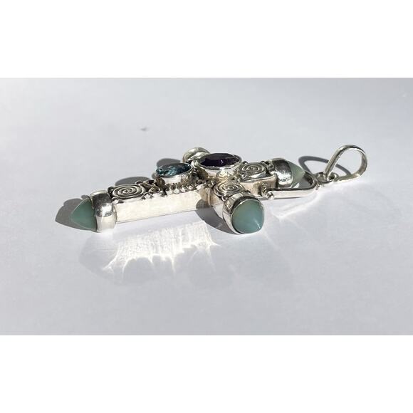 Nicky Butler-Style .925 Silver & Semi-Precious Gemstone Large Cross Pendant 3” - Picture 3 of 7